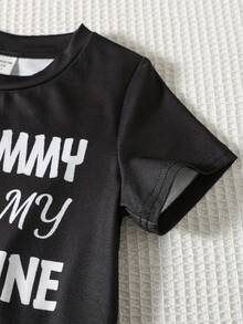 Young Boy Casual Minimalist Letter & Valentine's Day Graphic Round Neck Short Sleeve T-Shirt, Suitable For Summer - Black - View 3