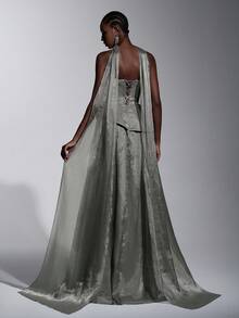 Elitara 优雅的橄榄绿褶裥胸衣，饰以手工水钻，蓬松的A字裙摆（可拆卸挂脖），适合所有正式场合、婚礼、派对，女士正式晚礼服 - 橄欖綠 - 查看 5