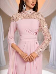 Aureia 优雅奢华粉色亮片刺绣雪纺立领长袖鱼尾正式晚礼服 - 藕粉色 - 查看 4