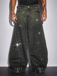 Street Life Men's Fashion Rhinestone Decor Pocket Loose Wide-Leg Jeans
