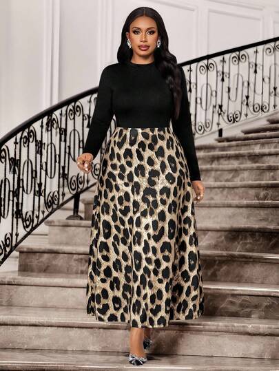 SHEIN Lady Black Autumn Elegant Dinner Plus Size Dresses,Women's Leopard Print Patchwork Knitted Scoop Neck Long Sleeve Flared Dress,Office Casual Party Outfits