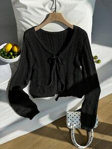 Comfortcana Áo len cardigan dệt kim lụa lạnh khoét lỗ tay dài cỡ lớn dành cho nữ, mùa xuân/hè, thu/đông - màu đen - Xem 3
