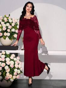 Modelyn Women's Lace Patchwork Asymmetrical Sleeve Long Dress - Red - View 5