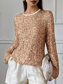 Livesso 女士宽松亮片银色休闲圆领T恤，新年闪亮嘉年华上衣 - 杏色 - 查看 5