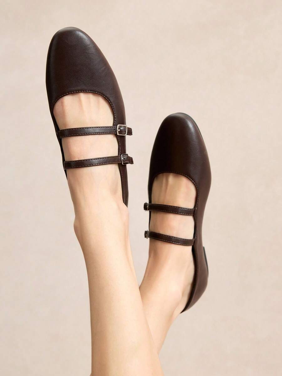 Rosivie 2026夏季新款法式方头百搭黑色镂空编织单带低帮透气舒适平底女鞋 - 棕色 - 查看 1