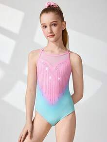 少女渐变印花水钻装饰无袖体操服，高弹力体操连体衣，适合比赛、训练、日常穿着，色彩鲜艳，舒适运动 - 彩色 - 查看 3
