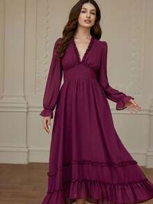 Revavyn Fashionable Design Elegant Versatile Sexy Deep V Solid Color Ruffle Trim Long Sleeve Dress - Purple - View 2