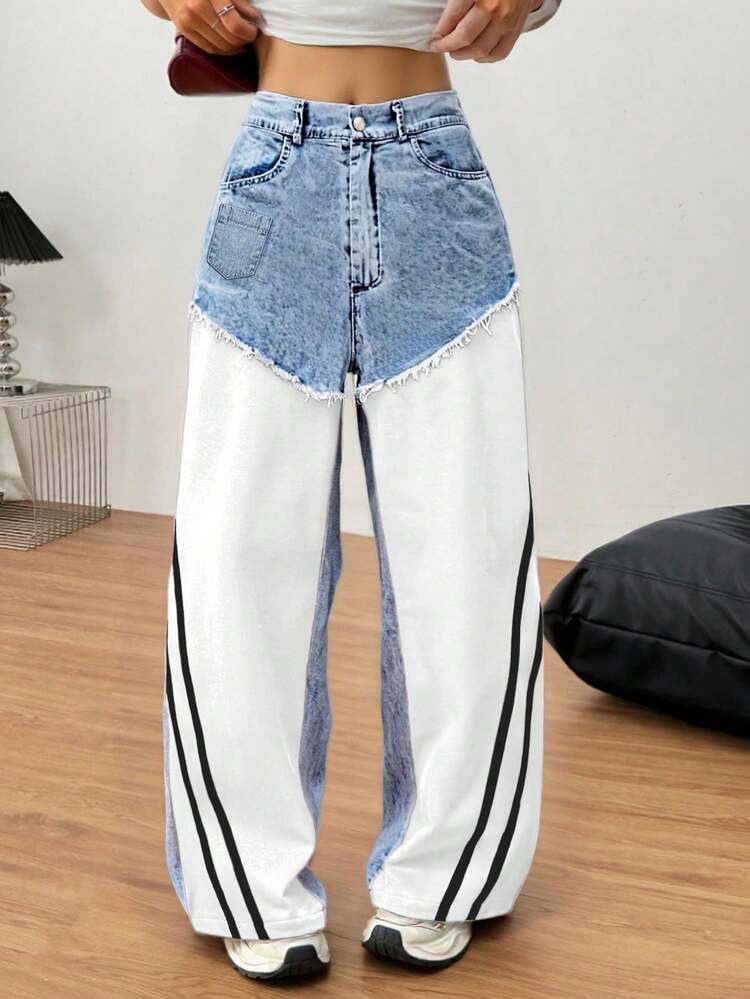 Pantalones con Patchwork de Denim: Corte Amplio + Detalles de Deshilachado - Blanco - Añade 1