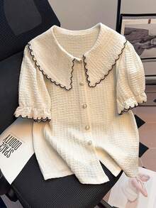 Resyla 新款女士法式彼得潘领短款甜美休闲衬衫 - 杏色 - 查看 1