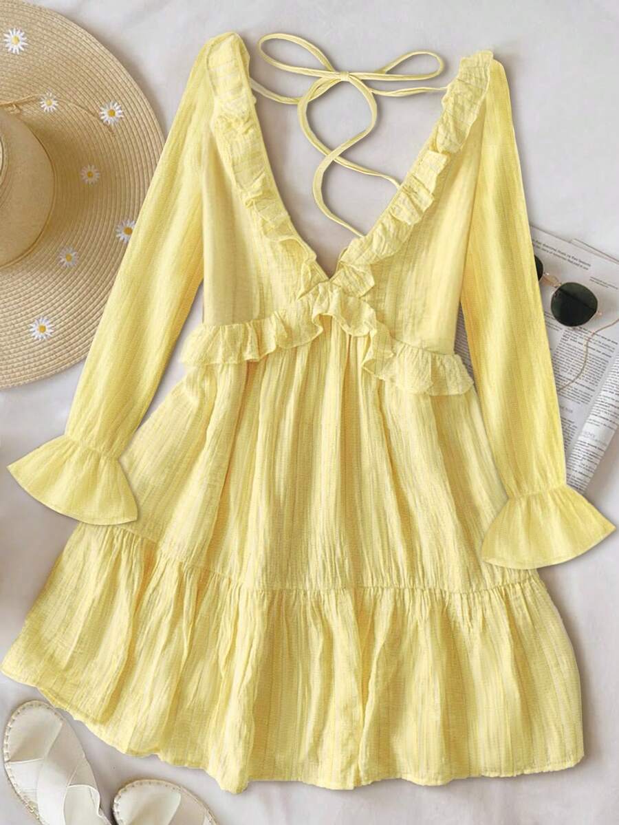 Arcane Artistry Women's Ruffle Strap Minimalist Solid Color Mini Dress, Suitable For Summer Casual/Holiday Wear Fall Cloth For Women