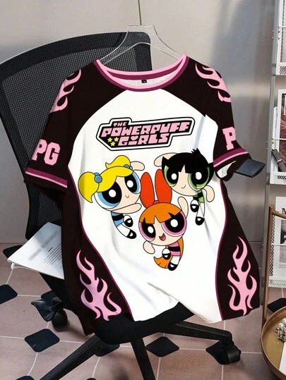 THE POWERPUFF GIRLS X SHEIN Plus Size Women's Casual Fashionable Street Colorblock Blossom, Bubbles, Buttercup Pattern Raglan Short Sleeve T-Shirt