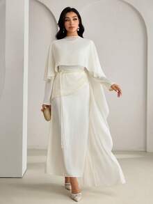 Veilorie Women's Solid Color Ruched Elegant Long Sleeve Arabic Dress - Beige - View 6