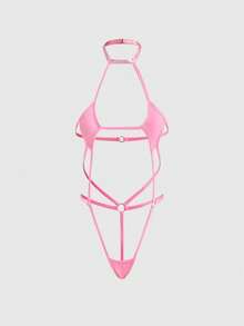 ROMWE Kawaii Sexy Halter Neck Milk Silk Bodysuit, Cute & Sweet - Pink - View 1