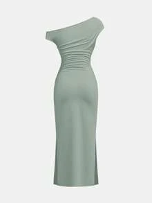 SHEIN Girlism Teen Girls' Mint Green Knit Asymmetric Shoulder Ruched Waist Elegant Casual Snug Fit Dress Elegant Long Dress Wedding Guest Dress Sage Green Formal Dress Ruched Dress One Shoulder Dress - Mint Green - View 2