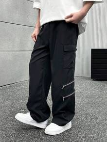 Mirajuku Casual Zipper Decor Cargo Pocket Loose Fit Wide Leg Pants For Teen Boys, Black, High-End Versatile Style, Comfortable & Practical For Autumn, Spring, Summer, Suitable For Daily Wear, Commuting, Outdoor Activities, Sports, School, Streetwear, Parties