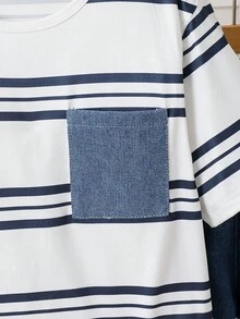 Mirajuku 2pcs/Set Boys' Casual Striped T-Shirt With Denim Pocket Patchwork, Paired With Ripped Jeans, Fashionable Outfit For Multiple Occasions - Blue - View 4