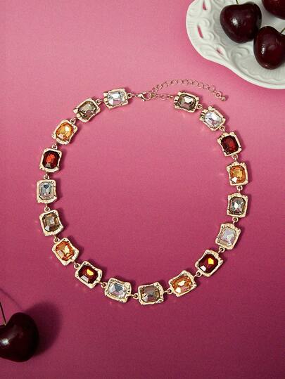 Glisma Chunky Jewelry Retro Light Luxury Rhinestone Studded Square Choker Necklace With A Sense Of Luxury, Court Style Elegant, Niche And Exaggerated Collarbone Necklace For Women