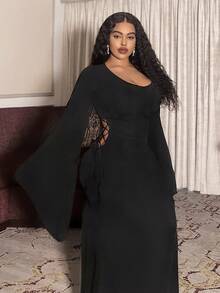 Slaydiva Autumn Elegant Black Formal Evening Plus Size Maxi Dress, V-Neck Cutout Tie-Up Shiny Knit Stretchy Gown For Wedding, Party & Birthday, Valentine - Black - View 2