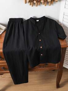 SHEIN Bộ 2 quần dài ống đứng, thoải mái hàng ngày, cổ đứng, hở phía trước, dáng rộng cho bé trai/trẻ vị thành niên - màu đen - Xem 3