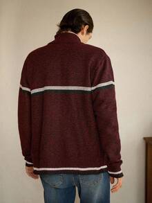 Manfinity Mode Áo khoác cardigan dài tay kẻ sọc dành cho nam, lót giữ nhiệt, thích hợp cho mùa thu/đông. - Màu Đỏ Sâu - Xem 2