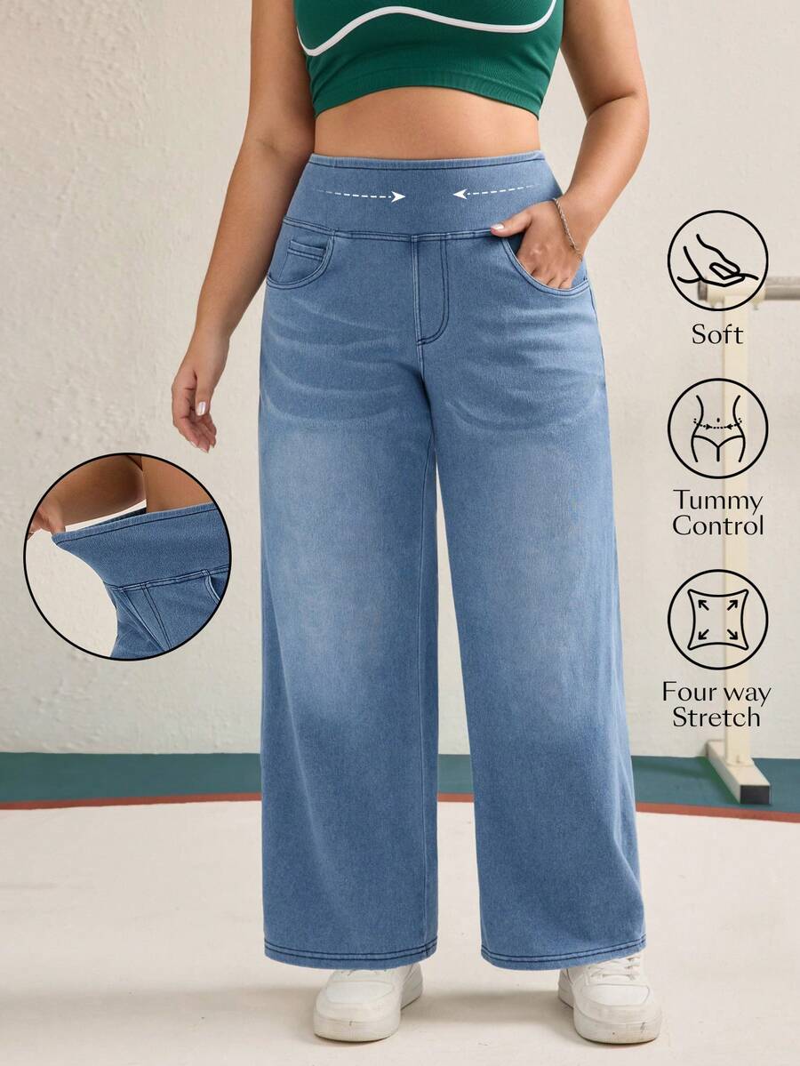 Flexra 大码女式休闲高腰直筒牛仔裤 - 淺色水洗藍 - 查看 1