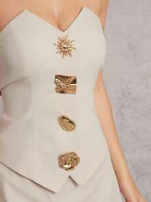 L'Amorae Women Strapless Vest Gold Asymmetrical Ornament Button Mini A-Line Dress Business Casual Old Money - Apricot - View 2