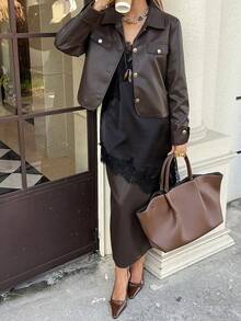 DAZY Women's Casual Solid Color PU Leather Pocket Jacket And A-Line Skirt 2-Piece Set, Autumn - Brown - View 4