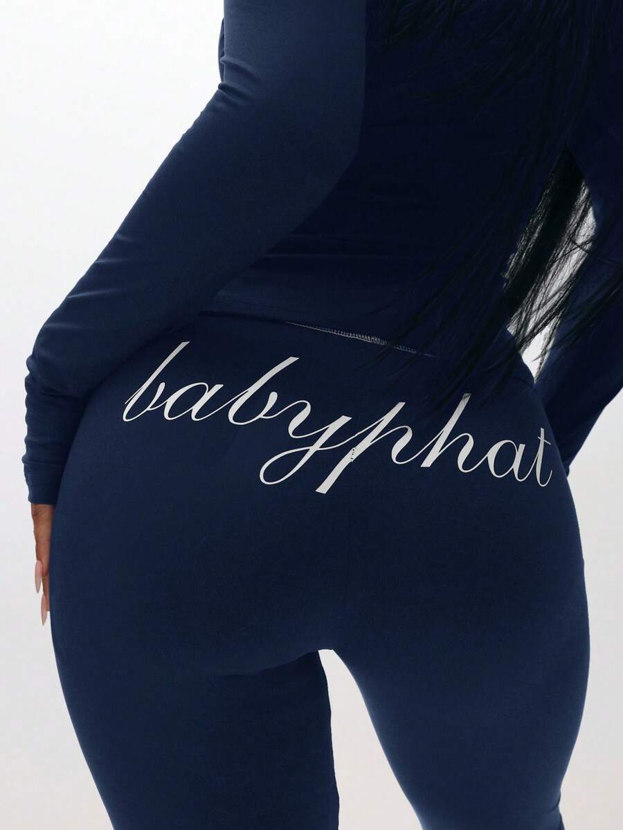 BABYPHAT Women's Pull On Flare Leggings With Stylish Text Print Casual Everyday Wide Leg Pants - Navy Blue - View 1