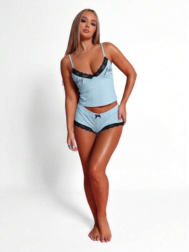 BABYPHAT Lounge Cami Top With Lace Trim V-Neck Adjustable Straps Soft Knit Fabric Comfort Sleepwear Intimate Casual Wear