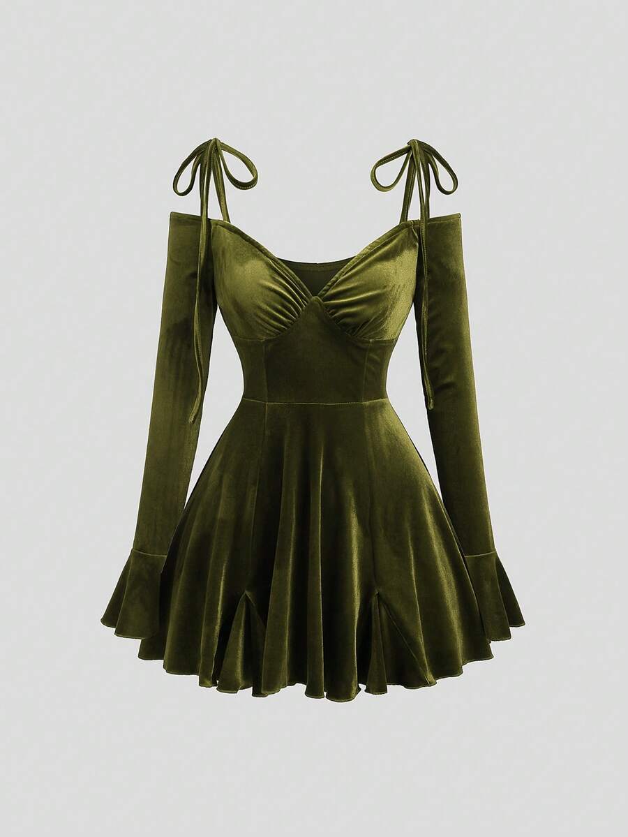 Sweetra Autumn/Winter New Sexy Off Shoulder Spaghetti Strap Fitted Flare Sleeve Burgundy Velvet Holiday Party Dress - Dark Green - View 1
