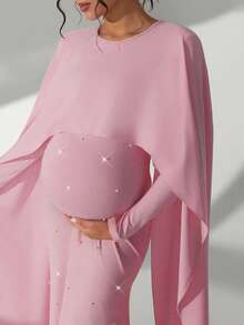 SHEIN Maternity Dress, Pink Elegant Photography Dress, Sophisticated Design, Women's Maternity Long Dress, Long Sleeve, Autumn/Winter - Pink - View 4