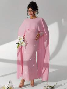 SHEIN Maternity Dress, Pink Elegant Photography Dress, Sophisticated Design, Women's Maternity Long Dress, Long Sleeve, Autumn/Winter - Pink - View 6