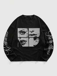 Street Life Men's Casual Fashion Street Letter & Figure Patchwork Print Long Sleeve Black T-Shirt, Spring/Autumn