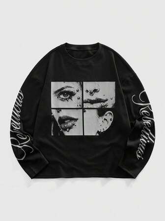 Street Life Herren Lässig Fashion Street Buchstaben & Ziffern Patchwork Muster Langarm Schwarz T-Shirt, Frühling/Herbst