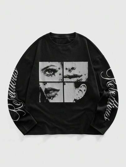 Street Life T-shirt noir à manches longues pour hommes, style mode de rue décontracté avec patchwork de lettres et de chiffres, printemps/automne