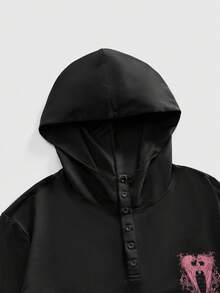 ROMWE MEN Street Life Men's Wing & Letter Rhinestone Button Casual Long Sleeve Hoodie - Black - View 3