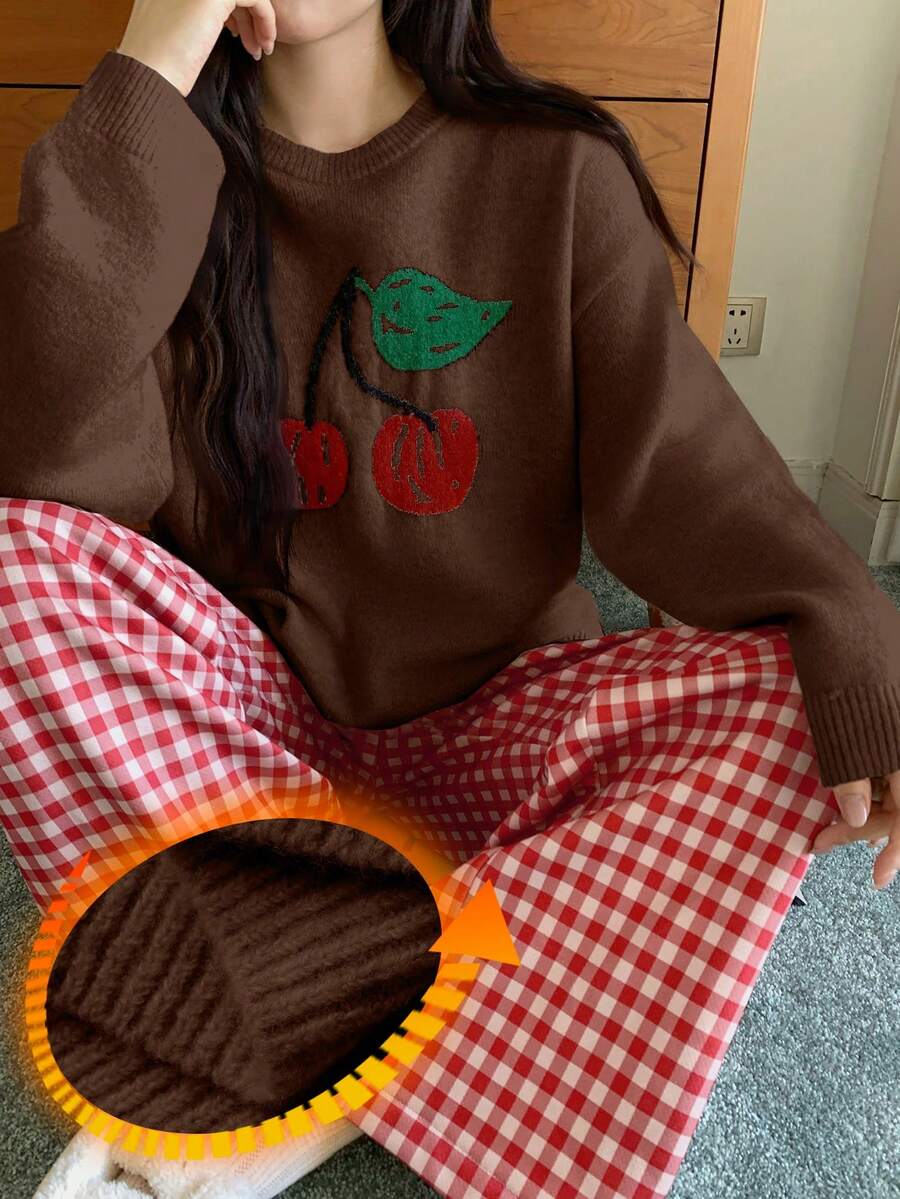 DAZY 女士樱桃图案针织上衣和格子睡裤两件套睡衣套装，冬季 - 棕色 - 查看 1