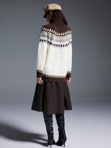 MYSTAURA Women's Casual Colorblock Geometric Pattern Turtleneck Sweater, Autumn/Winter - لون مشمشي - مشاهدة 2