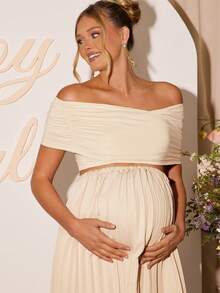 Loomaby 2pcs Maternity Elegant Off-Shoulder Cropped Top And Skirt Set, Autumn,Gender Reveal Dress,Maternity Dress, Baby Shower Dress Babyshower Dress Maternity Beige Maternity Dress Boho Maternity Dress Pregnancy Dress For Photoshoot,Maternity Clothes