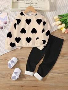 两件套少女休闲圆领像素爱心印花长袖卫衣和打底裤套装，适合秋冬季穿着 - 彩色 - 查看 2