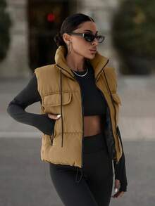 EURMUSE Zip Up Pocket Padded Vest With Pocket - Brown - View 5