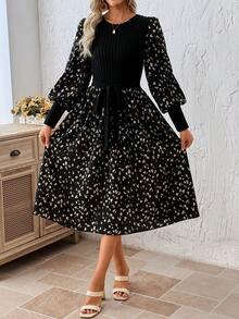 EMERY ROSE 女士印花扭结前襟圆领休闲长袖中长连衣裙 - 黑色 - 查看 4