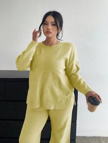 POPSWAY Soft & Flattering Versatile Casual Wide Leg Pants & Long Sleeve Knit Set - Light Yellow - View 6