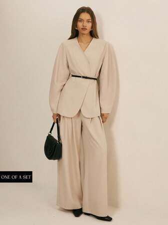 ATUI Studio בלייזר קז'ואל רפוי עם צווארון V ושרוול ארוך בצבע אחיד לנשים