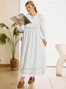 Rosumi 大码纯色系带领优雅长袖连衣裙 - 白色 - 查看 6