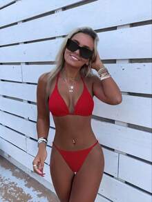 Swim Basics 2026 春夏女士度假专用面料细肩带露背性感红色丁字裤比基尼两件套泳衣 - 紅色 - 查看 1