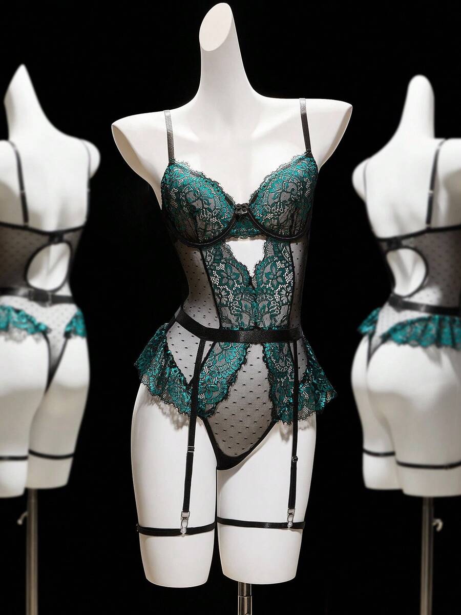 SHEIN Bộ đồ liền thân 4 mảnh ren chắp vá gợi cảm có gọng dành cho nữ và phụ kiện khi đi chơi - màu xanh lá - Xem 1