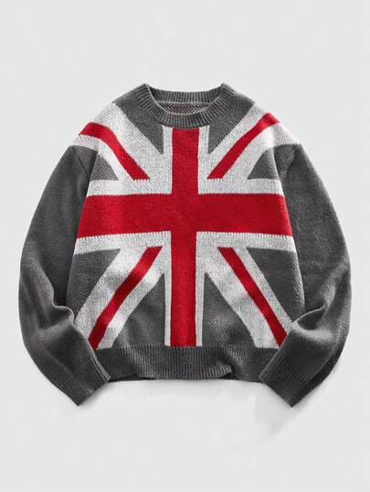 Street Life Herren Lässig Pullover mit Nationalflaggen-Strickmuster, Herbst/Winter