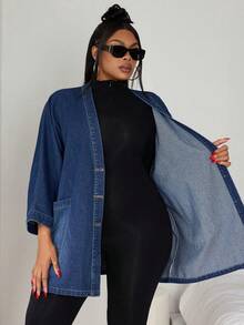 SHEIN CURVE+ 大码女式宽松牛仔开衫外套，V领休闲牛仔风女装，中长款大码牛仔外套 - 深色水洗藍 - 查看 6