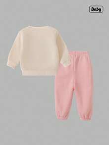 Sweetra 0-3 岁女婴幼儿休闲甜美蝴蝶和兔子印花长袖羊毛衫 + 裤子 2 件套服装套装，春夏 - 粉色 - 查看 2